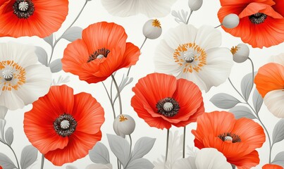 Poster - Vibrant floral pattern featuring red and white poppies with intricate details