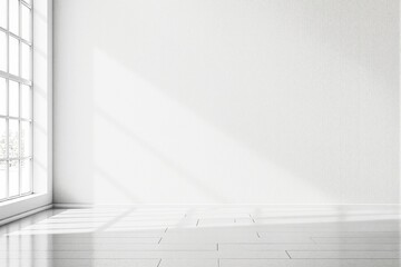 Poster - Minimalist empty bright room with sunlight casting soft shadows on white walls and floor.
