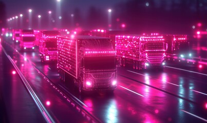 Poster - Futuristic trucks illuminated with neon lights on a highway at night