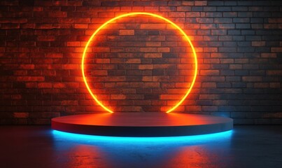 Poster - Neon light circle on dark brick wall with illuminated platform for creative displays