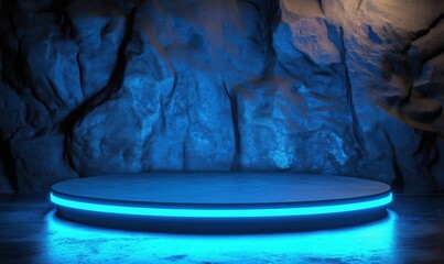 Poster - Blue illuminated stage platform against textured rock wall background for presentations