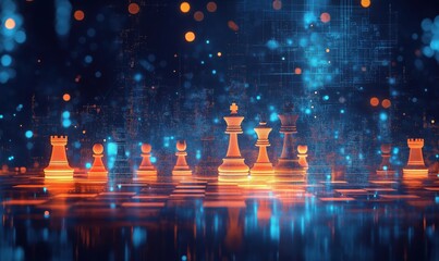 Poster - futuristic chessboard with glowing pieces and digital background effects