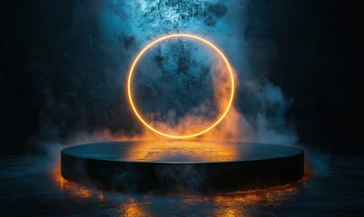 Poster - Illuminated circular neon ring on dark platform with misty atmosphere