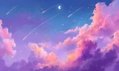 Wall Mural - a starry sky with shooting stars, colorful clouds in the background, generative ai