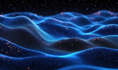 Poster - abstract blue wave patterns with glowing particles in dark background