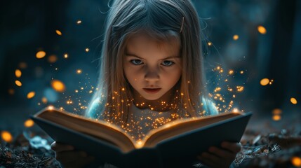 Poster - Magical moment of girl reading book with glowing sparks in enchanting forest setting