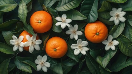 Poster - Fresh oranges surrounded by green leaves and white blossoms on a textured background