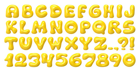 Poster - bold bubble font. 3d yellow plastic typescript. y2k alphabet. groovy letters and numbers. three-dime