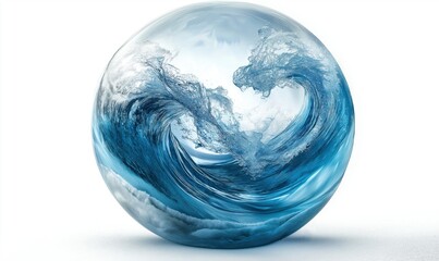 Poster - Dynamic ocean wave captured in crystal sphere showcasing vibrant blue colors and motion