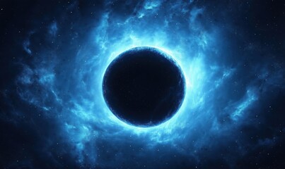 mysterious dark planet surrounded by glowing blue cosmic clouds and stars