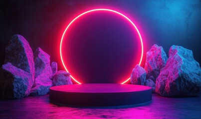 Poster - Neon-lit stage with circular backdrop and illuminated rocks for modern presentations