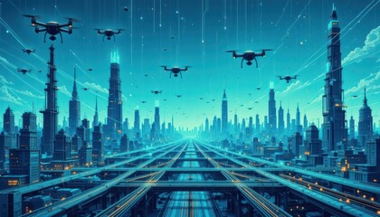 Poster - Futuristic cityscape featuring flying drones above innovative architecture under a bright futuristic sky