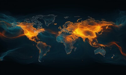 Poster - global connectivity visualization with flowing light patterns and world map