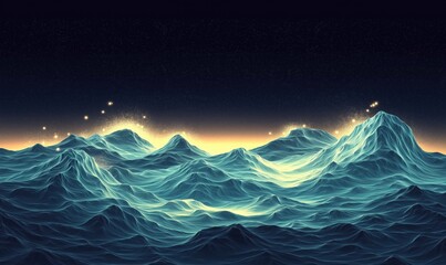 Poster - Stunning digital ocean waves with glowing peaks and starry night sky