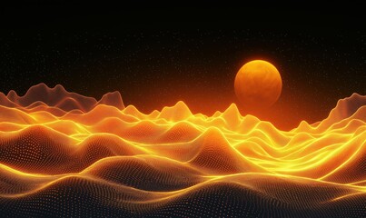 Poster - Futuristic landscape with glowing orange waves and a large planet in the background