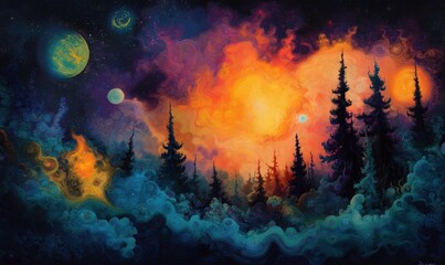 Poster - Vibrant cosmic landscape with swirling colors and celestial bodies in night sky