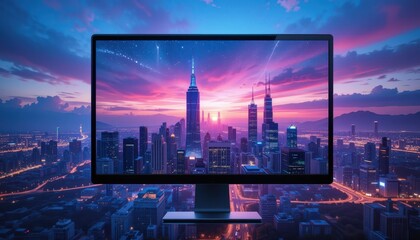 Fototapete - City at night with a bright computer screen illuminating the urban landscape, merging technology and city life