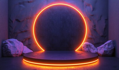 Poster - Futuristic stage design with glowing circular neon light and textured background