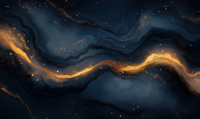 Poster - Abstract dark blue and gold fluid art with swirling patterns and cosmic elements