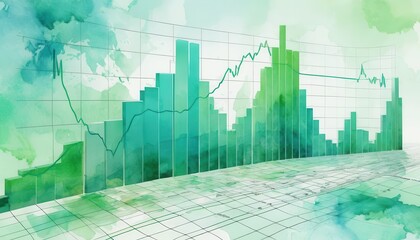 Poster - Enchanting city landscape with a green watercolor background capturing the essence of urban life