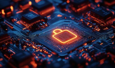 Poster - Digital security concept with glowing lock symbol on microchip background