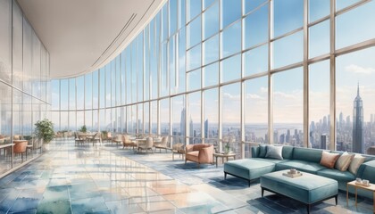 Poster - Lobby of a modern high-rise building featuring elegant design elements and bright lighting creating a welcoming atmosphere