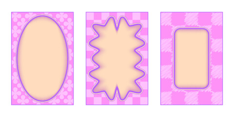 Poster - Groovy wavy borders frames set - oval, starburst and rectangle shapes filled with pattern pink background. Psychedelic funky curvy outlines collection. Retro 1960s hippie style graphic design element