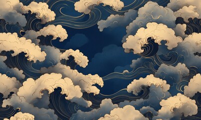 Poster - stylized clouds with swirling patterns on deep blue background for artistic designs