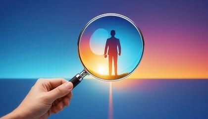 Poster - Individual examining an object through a magnifying glass in a thoughtful and engaging outdoor environment