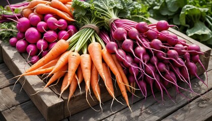 Poster - Fresh bunch of carrots and radishes harvested from the garden showcasing vibrant colors and nutritional benefits of vegetables