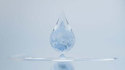 Poster - Clear water droplet hangs delicately in the air before it splashes into a calm water surface below, creating ripples against a light background. The scene captures tranquility and fluidity. 3d render