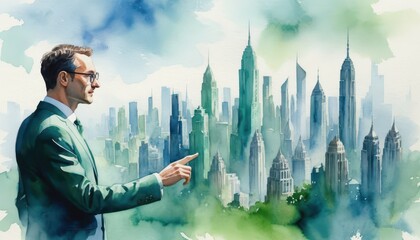 Poster - A confident man in a suit and tie pointing at a cityscape while portraying leadership and vision in business
