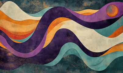 Poster - abstract wavy patterns in vibrant colors with textured background and celestial elements