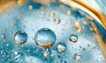 Poster - Close-up of water droplets and bubbles in clear liquid with golden highlights
