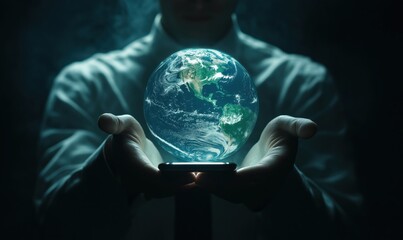 Poster - hands holding glowing earth globe above smartphone in dark environment