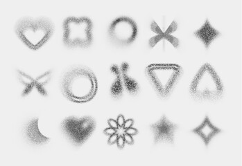 Poster - Black dotted y2k shape icons collection - heart, square and circle, flower and star, butterfly and geometric symbols with stipple noise effect. Grungy design elements made of scattered points.