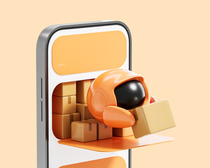 Poster - Orange robot delivering boxes from smartphone screen representing online shopping logistics concept on pastel background. 3D Rendering