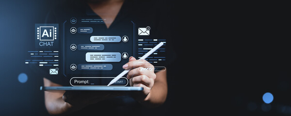 Poster - person using stylus on tablet with chatbot interface on dark tech background.