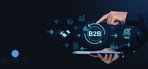 Fototapete - Business B2B concept with icons and tablet on dark background interface screen.