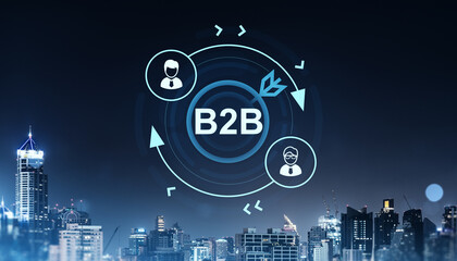 Poster - B2B business concept with circular infographic icons and arrows over modern cityscape background at night, representing corporate communication flow.