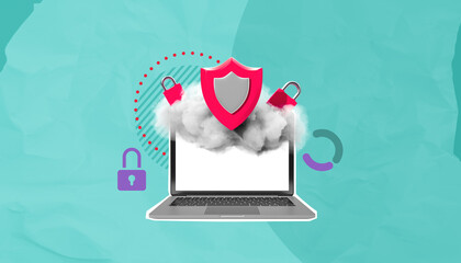 Poster - Cybersecurity concept with laptop, padlocks, shield and cloud smoke on abstract background representing data protection and internet safety. 3D Rendering