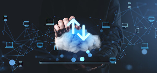 Fototapete - Cloud data transfer concept with digital network and hand interaction interface.