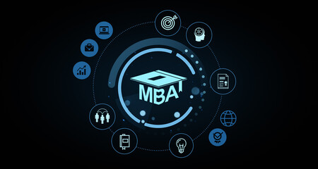 Poster - MBA program infographic with education icons in circular layout and glowing elements on dark background representing business education. 3D Rendering
