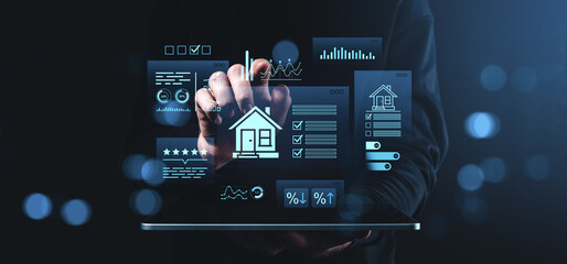Poster - Real estate management digital interface with futuristic housing data icons and analytics on creative background.