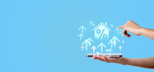 Poster - Digital housing market growth concept with upward arrows and percentage icons emerging from a smartphone held by hands on a blue background.