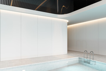 Poster - Blank white wall mockup in modern indoor pool area with clean architectural design and soft ambient lighting for poster or canvas display template. 3D Rendering