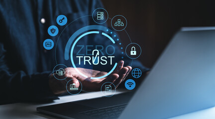 Poster - Cybersecurity zero trust concept with icons and glowing interface held above hands in dark creative environment near laptop on background.