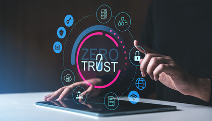 Aufkleber - Zero trust cybersecurity concept with digital interface icons and person interacting with tablet device on a dark creative background.