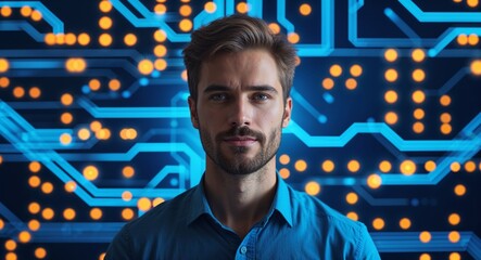 Poster - Caucasian man on blue theme glowing tech circuit background design template banner with copy space
