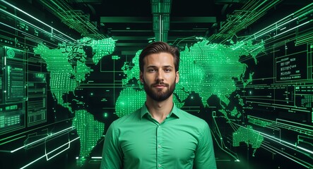 Poster - Caucasian man on green theme cyber data interface background design template banner with copy space